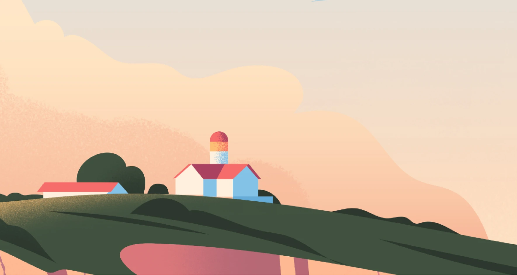 A beautiful farm with white buildings and red rooftops sits atop green hills. Soft pink clouds fill the sky as the sun sets.