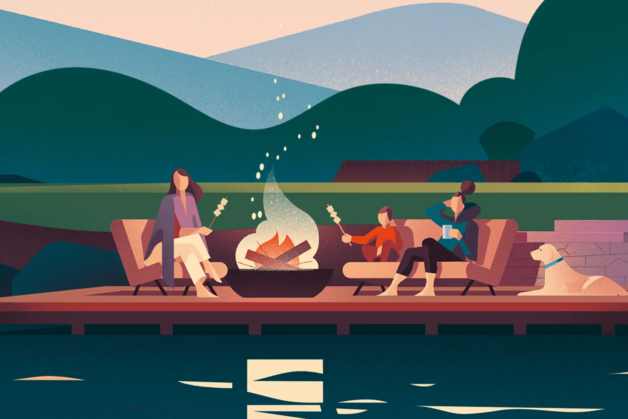 A mother and her two children are roasting marshmallows around an outdoor fireplace; the family dog sits with them.